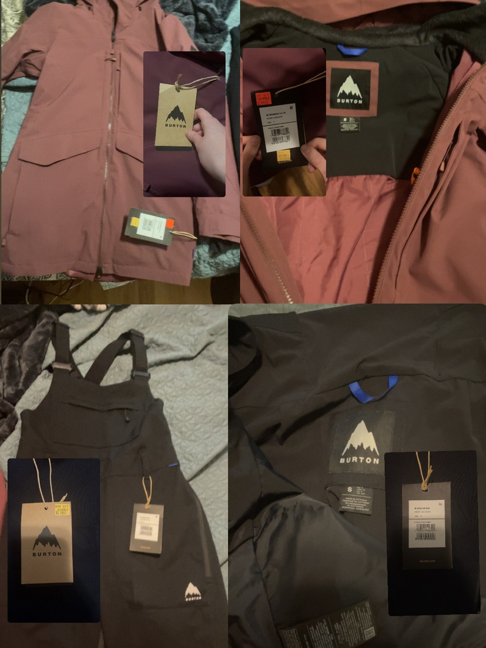 Burton Rose Mauve Snow Jacket with Black Bib Overalls